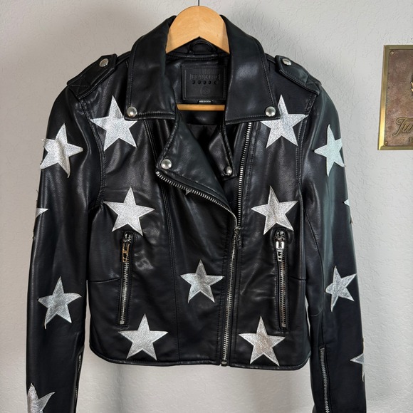 Blank NYC Jackets & Blazers - Blank NYC Black Vegan Leather Star Moto Jacket Silver Metallic 24XA5079 XS